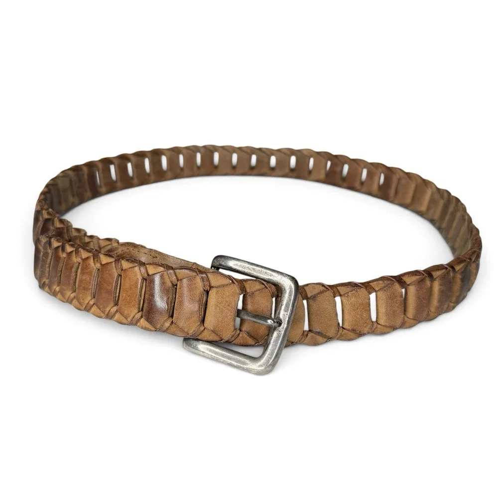 Vintage Braided Link Leather Solid Brass Buckle Belt Brown Patina MEN'S 32
